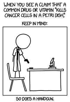 The fact that something kills cancer cells does not mean that it is safe to use. Image via xkcd